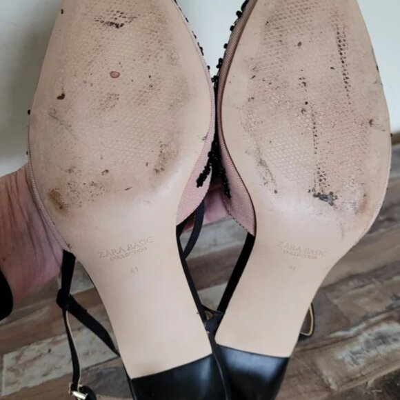 Zara Black Floral Pink Black Embellished Women's Kitten Shoes size 41 US 10 - Picture 5 of 9